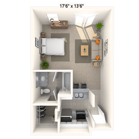 Floor plan for studio, 1 bath, 498 sqft